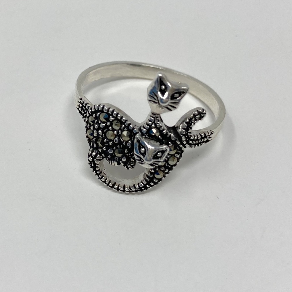 Cat Sterling Silver Ring, two cats with Zirconia, Women, Cat Ring